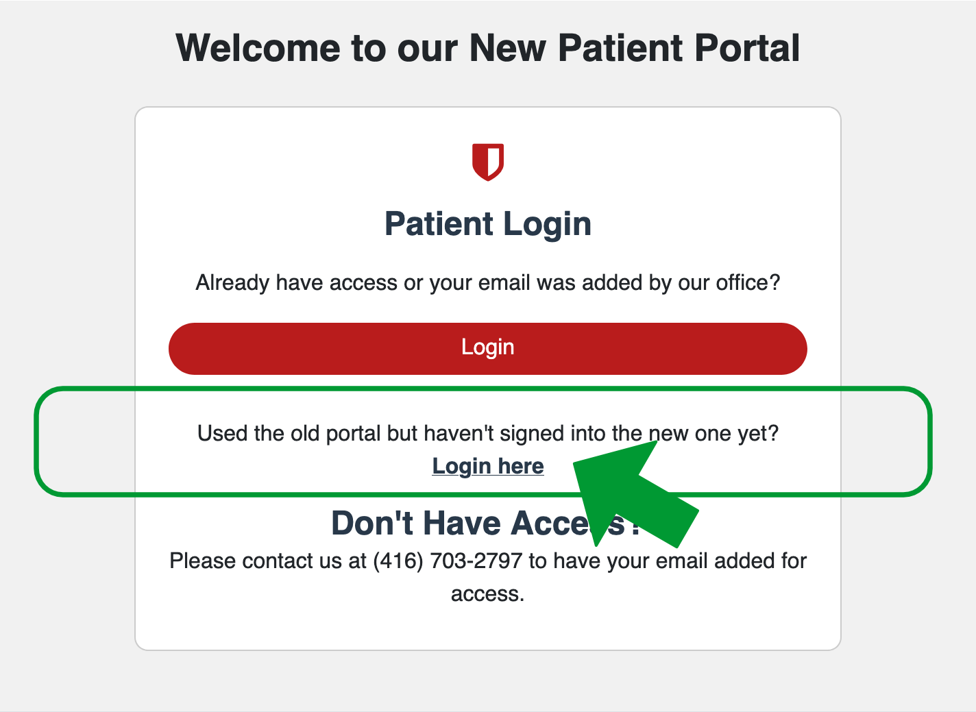 Patient portal welcome screen. Under 'Used the old portal but haven't signed into the new one yet?' select the 'Login here' link to migrate your account.