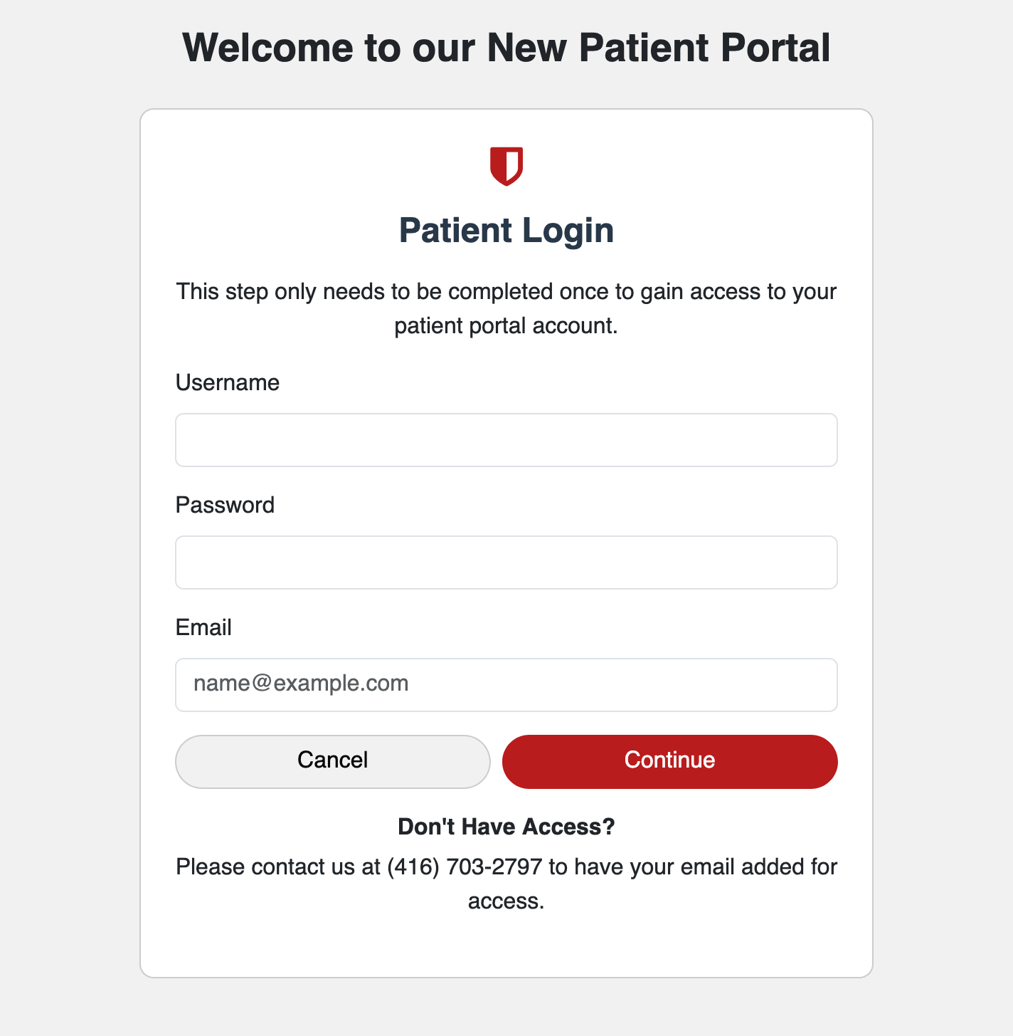 Patient portal migration form with username, password, and email fields. Enter your old portal details and select Continue.
