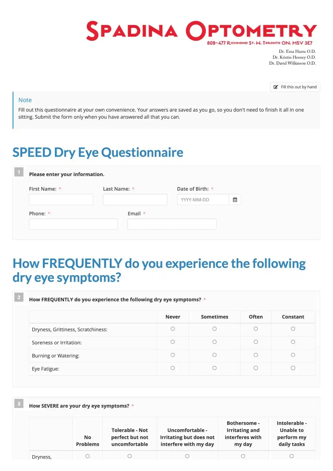 SPEED Dry Eye Questionnaire